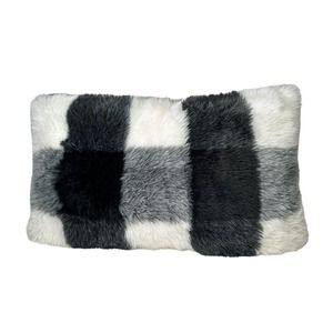 Farmhouse Buffalo Check Plaid Throw Pillow Black White Rectangle Faux Fur 23x14